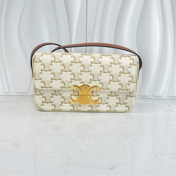 Celine Handbags - CELINE Triomphe Shoulder Bag White Monogram Canvas Calfskin Leather